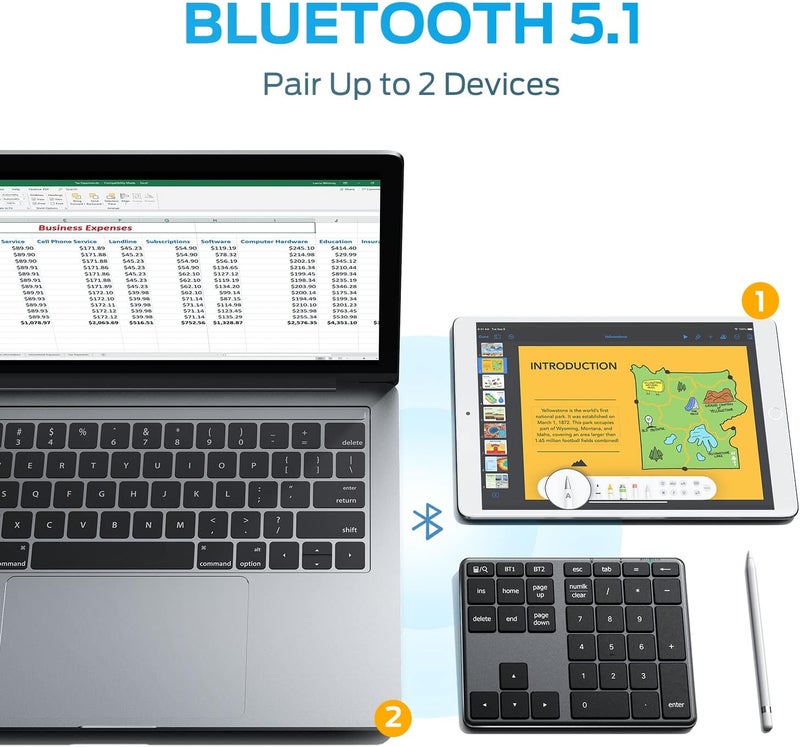 iClever Number Pad, Aluminum Wireless Number Pad for Multi Devices, USB-C Rechargeable, External 34-Keys Bluetooth Keyboard for Data Entry, Compatible for Laptop, Mac, iMac, Tablet, PC Desktop - Image 2